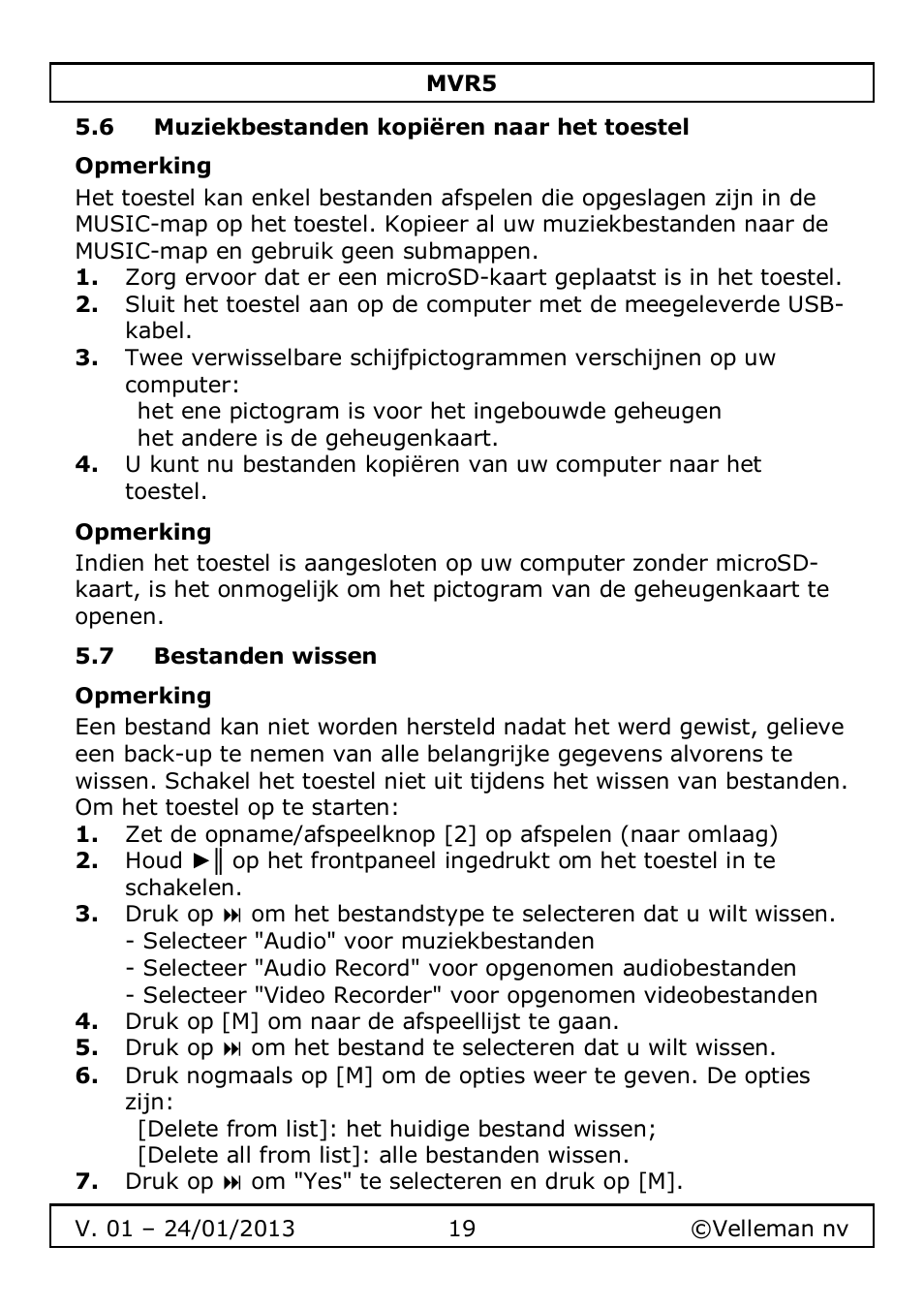 Velleman MVR5 User Manual | Page 19 / 78
