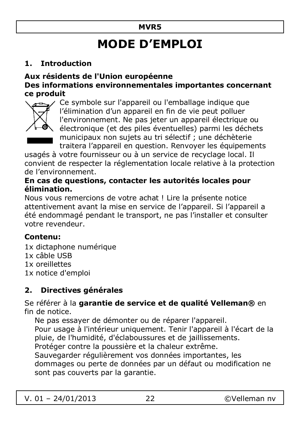 Mode d’emploi | Velleman MVR5 User Manual | Page 22 / 78