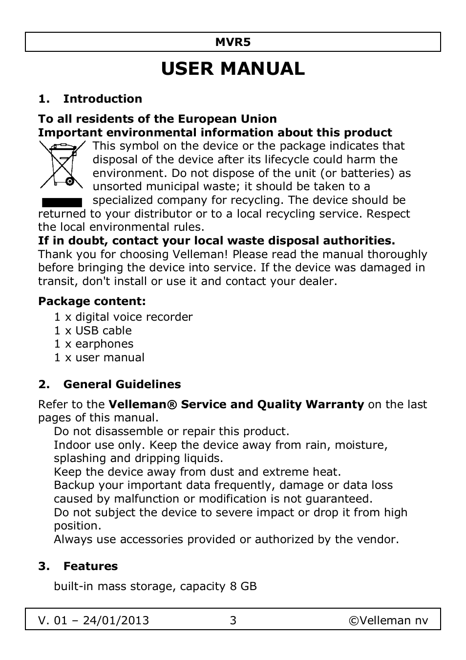 User manual | Velleman MVR5 User Manual | Page 3 / 78