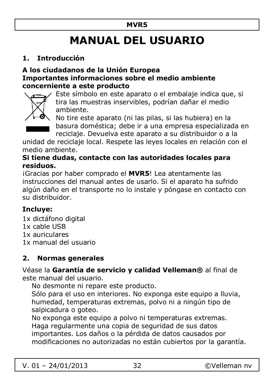 Manual del usuario | Velleman MVR5 User Manual | Page 32 / 78