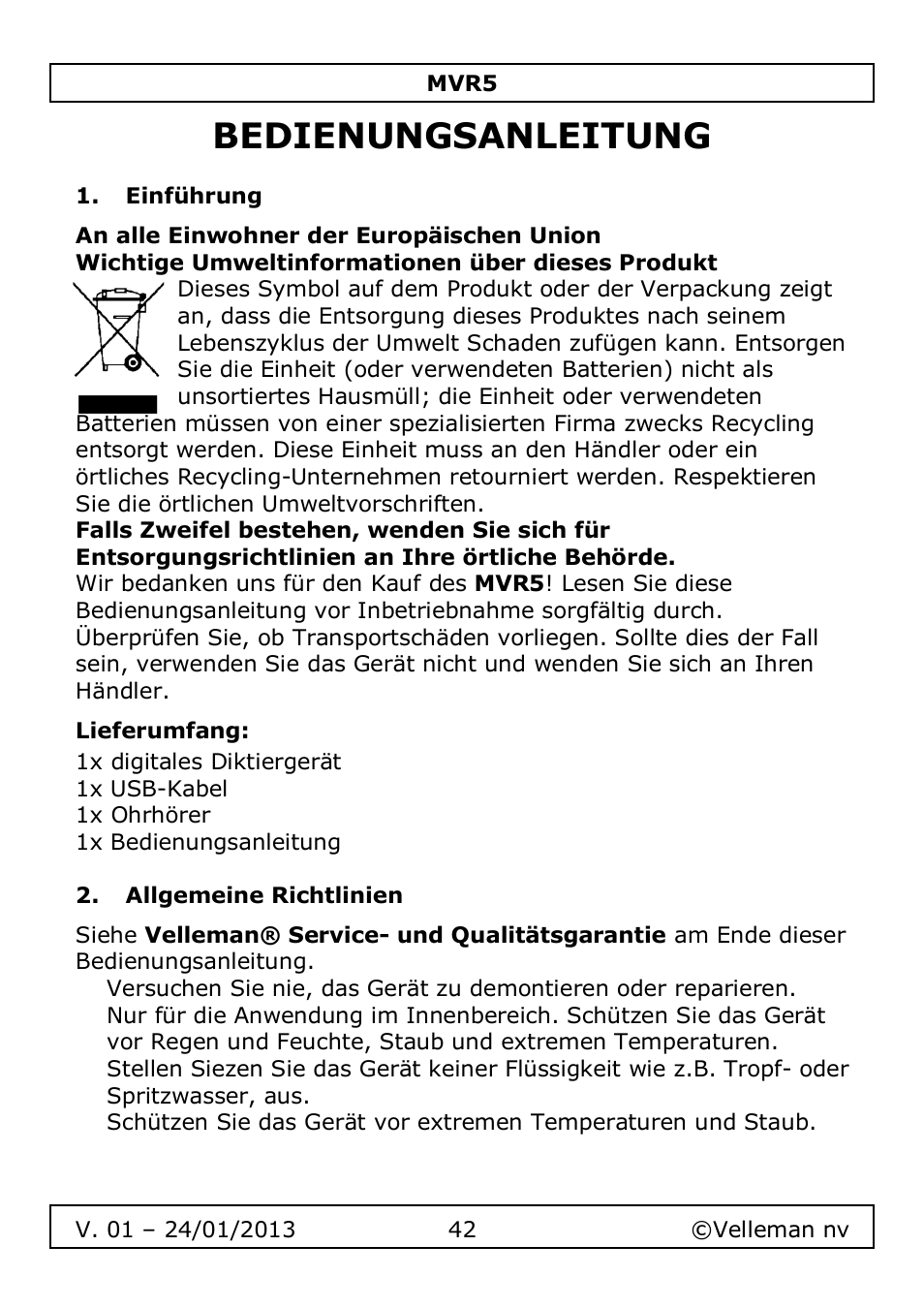 Bedienungsanleitung | Velleman MVR5 User Manual | Page 42 / 78