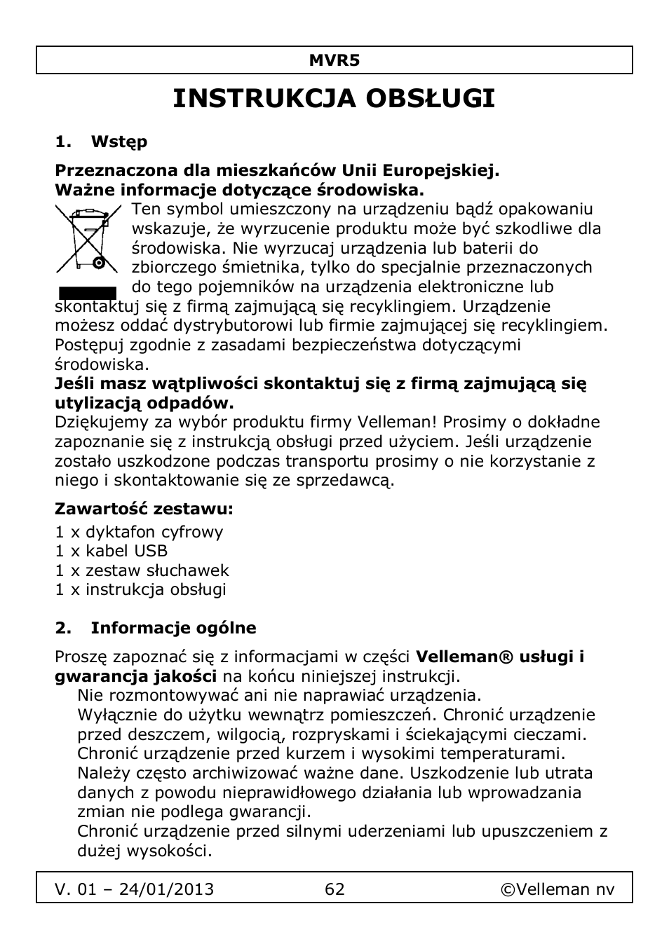 Instrukcja obsługi | Velleman MVR5 User Manual | Page 62 / 78