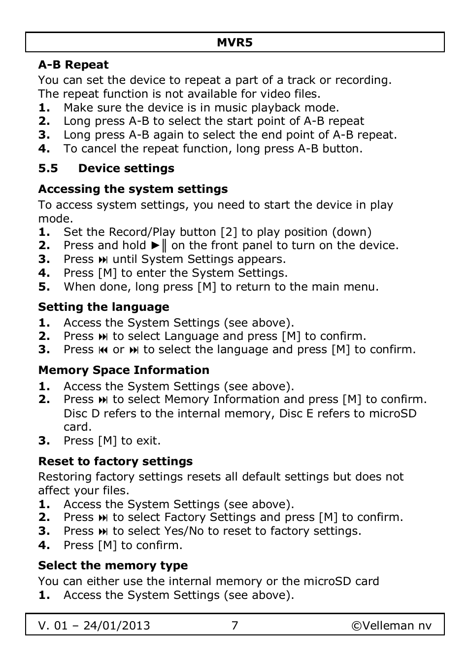 Velleman MVR5 User Manual | Page 7 / 78