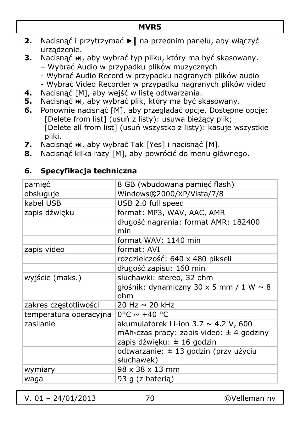 Velleman MVR5 User Manual | Page 70 / 78