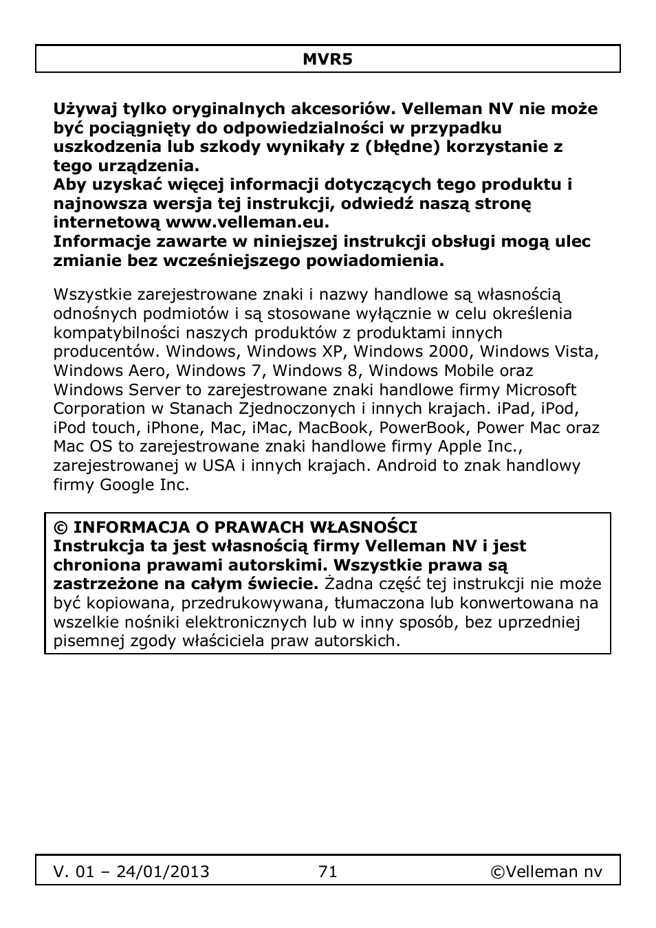 Velleman MVR5 User Manual | Page 71 / 78
