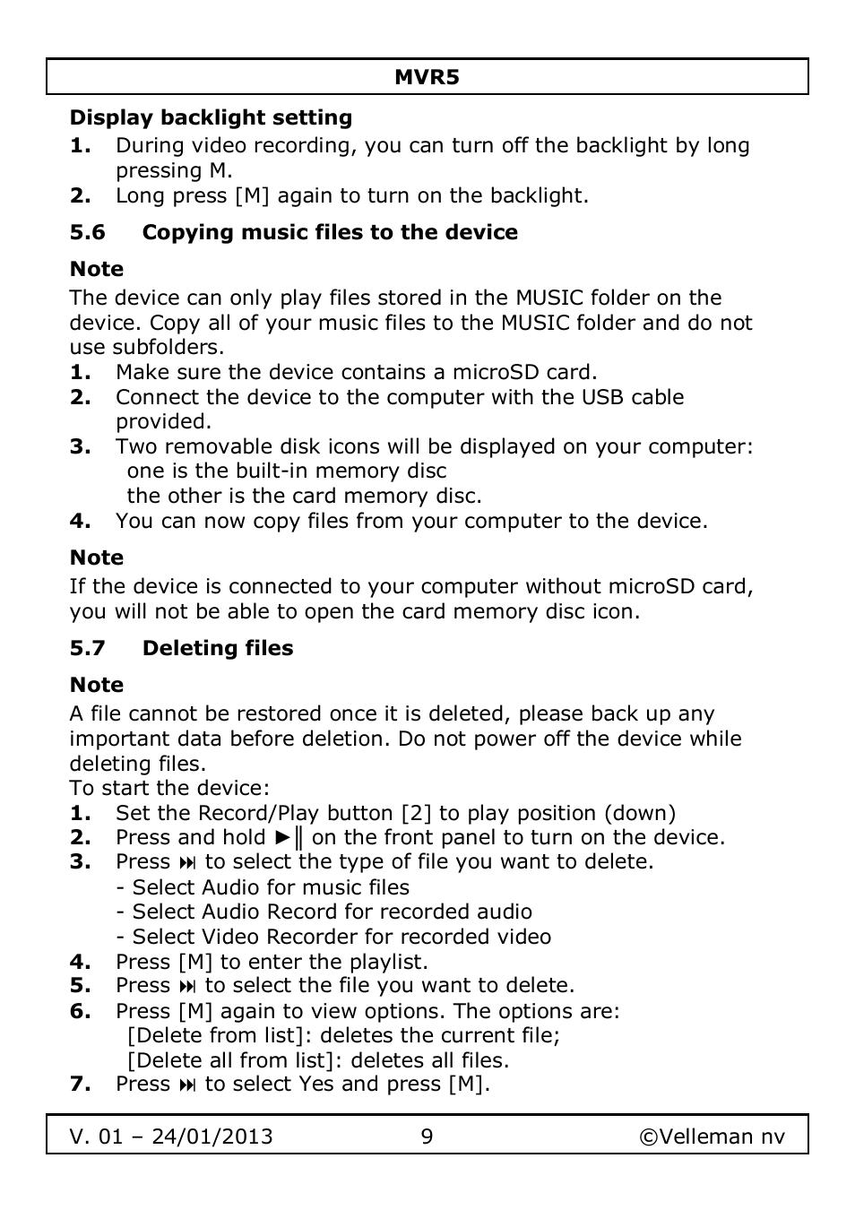 Velleman MVR5 User Manual | Page 9 / 78
