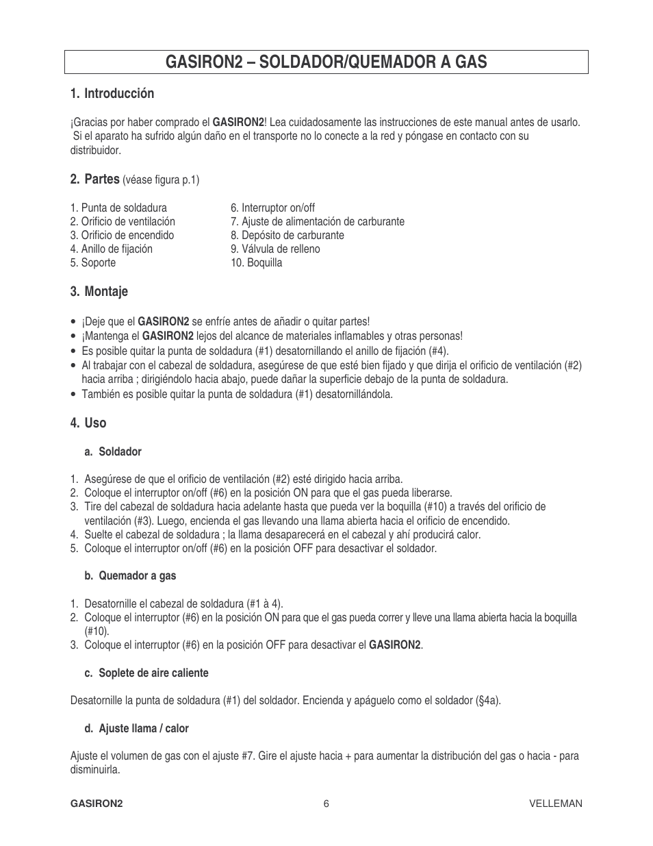 Gasiron2 – soldador/quemador a gas | Velleman GASIRON2 User Manual | Page 6 / 9