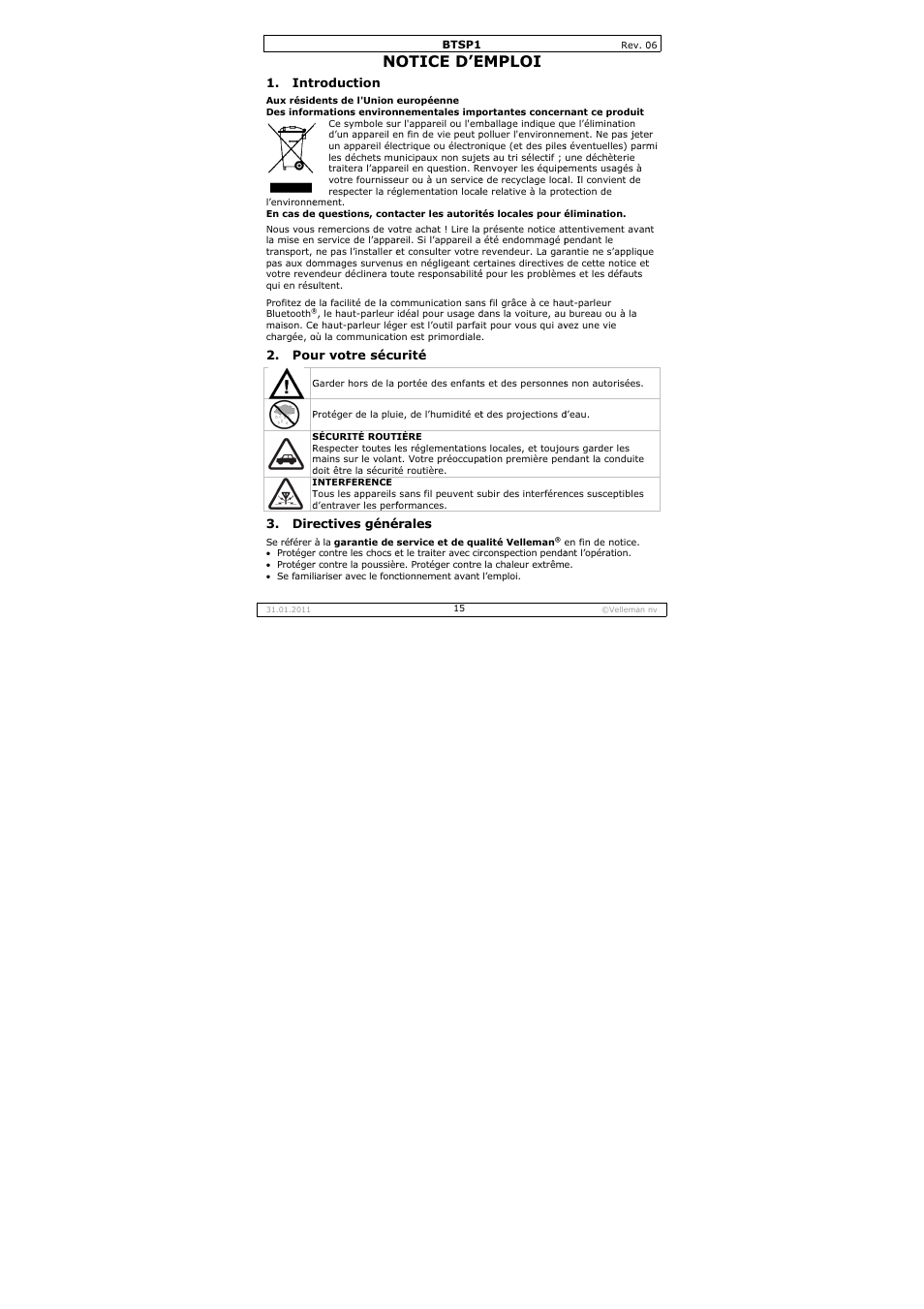 Otice d’e, Emploi | Velleman BTSP1 User Manual | Page 15 / 45