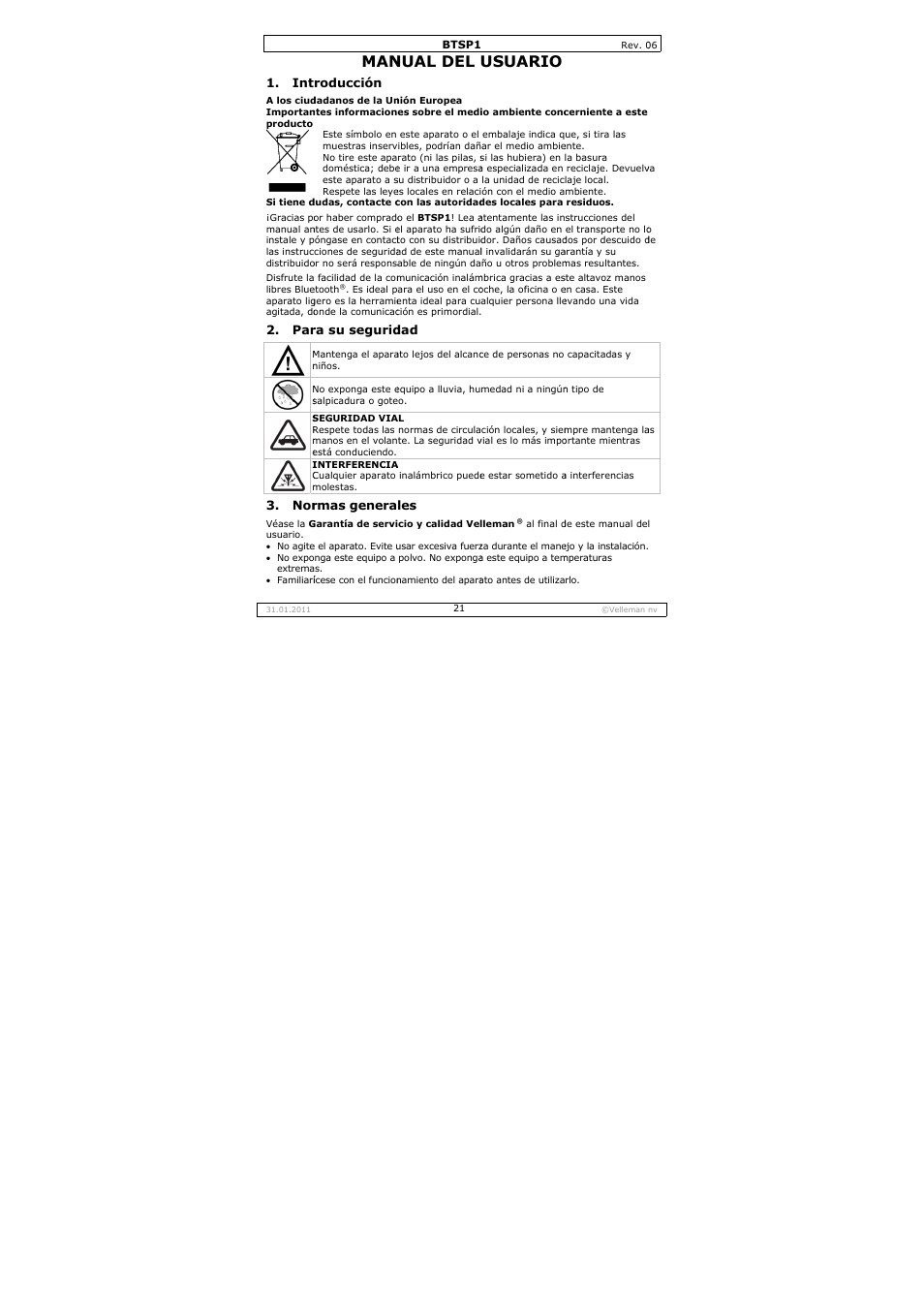 Nual del, Usuario | Velleman BTSP1 User Manual | Page 21 / 45