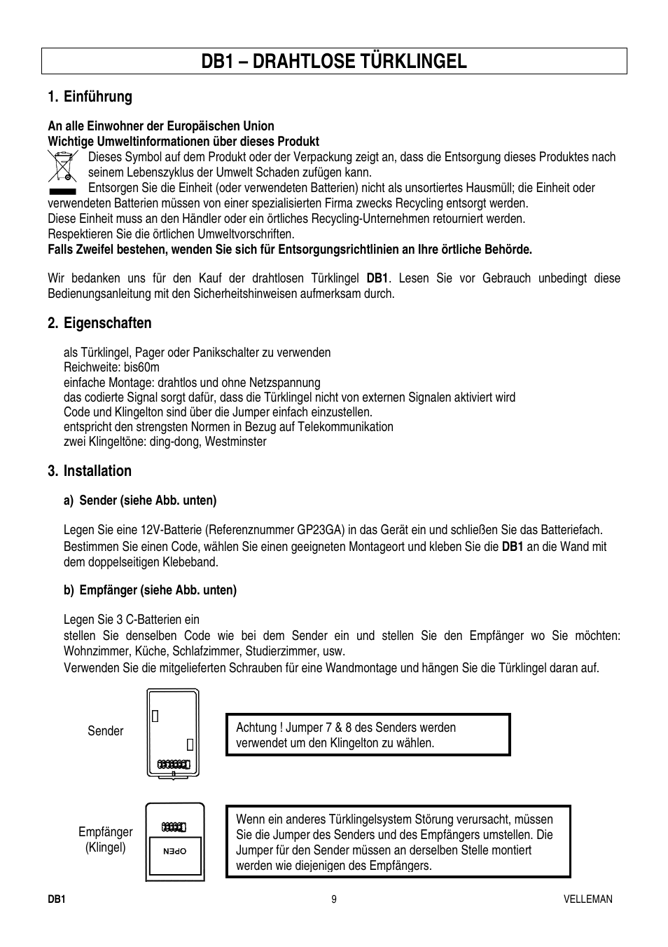 Db1 – drahtlose türklingel, Einführung, Eigenschaften | Installation | Velleman DB1 User Manual | Page 10 / 13