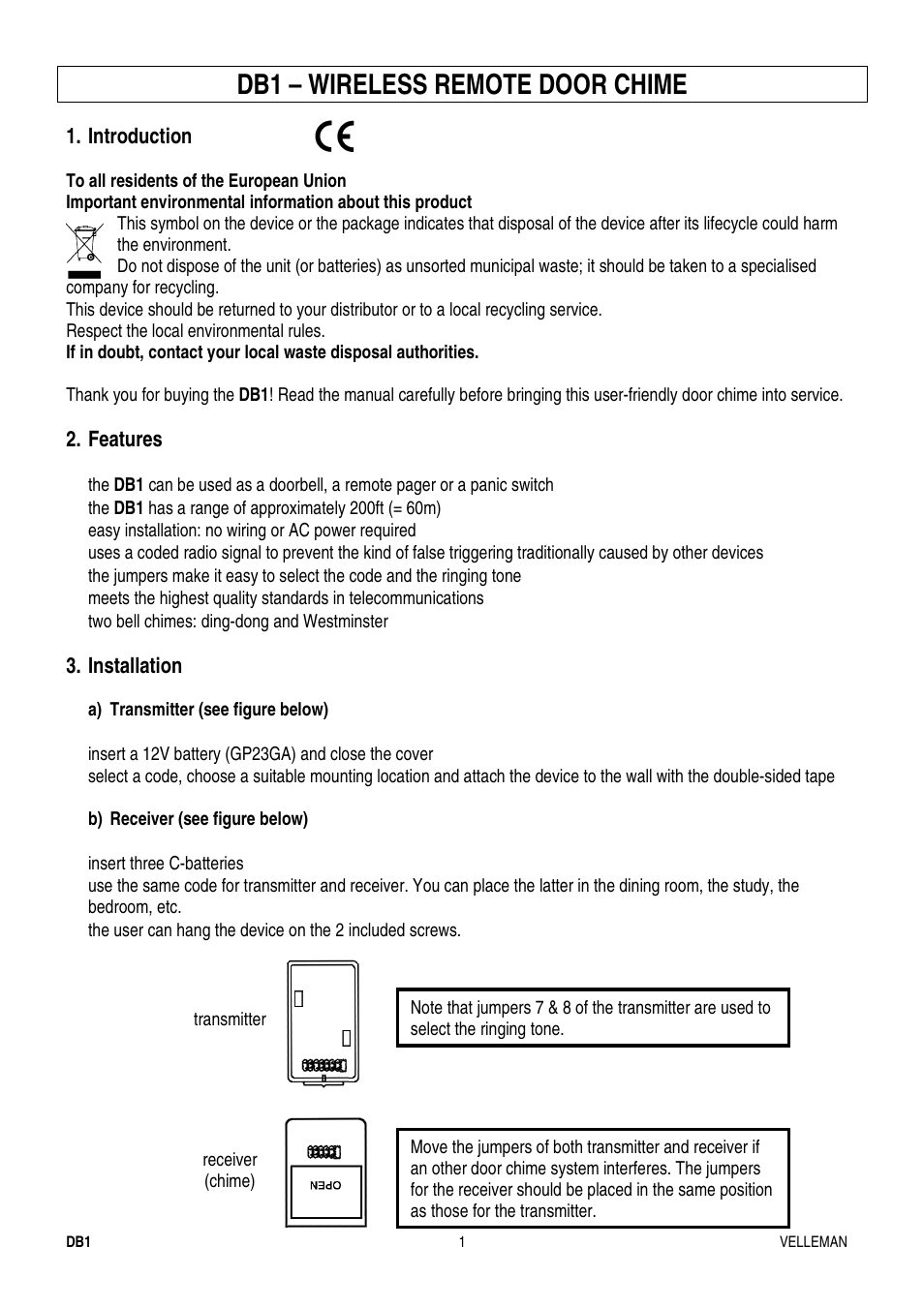 Db1 – wireless remote door chime | Velleman DB1 User Manual | Page 2 / 13