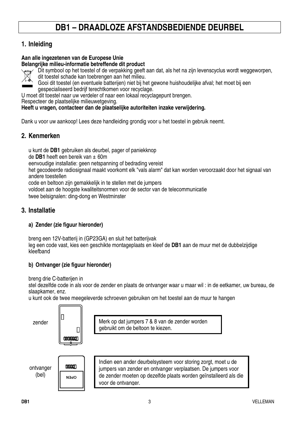 Db1 – draadloze afstandsbediende deurbel | Velleman DB1 User Manual | Page 4 / 13