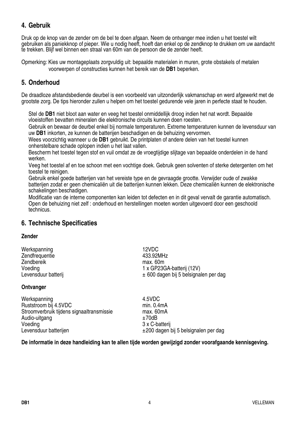 Gebruik, Onderhoud, Technische specificaties | Velleman DB1 User Manual | Page 5 / 13