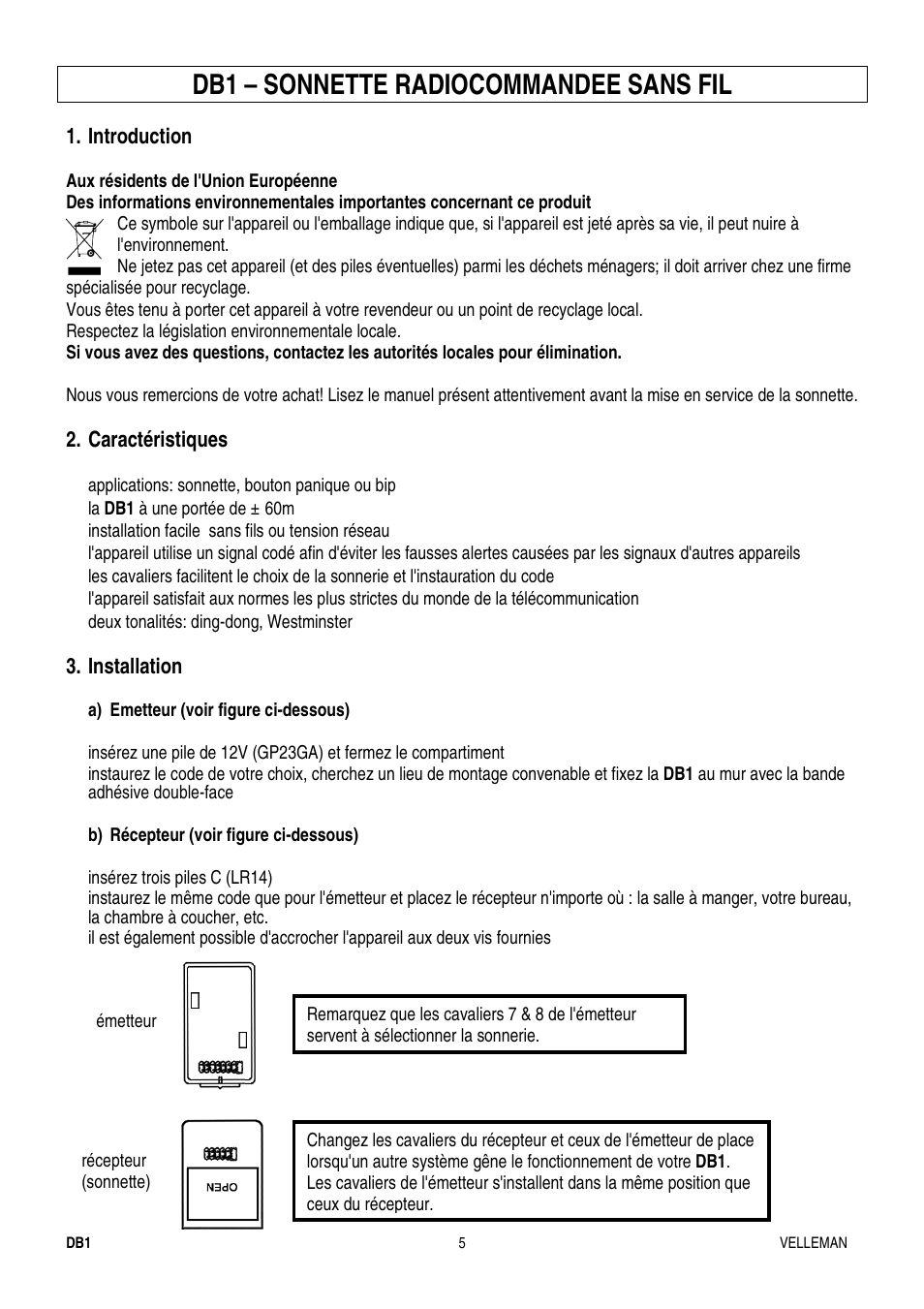Db1 – sonnette radiocommandee sans fil | Velleman DB1 User Manual | Page 6 / 13