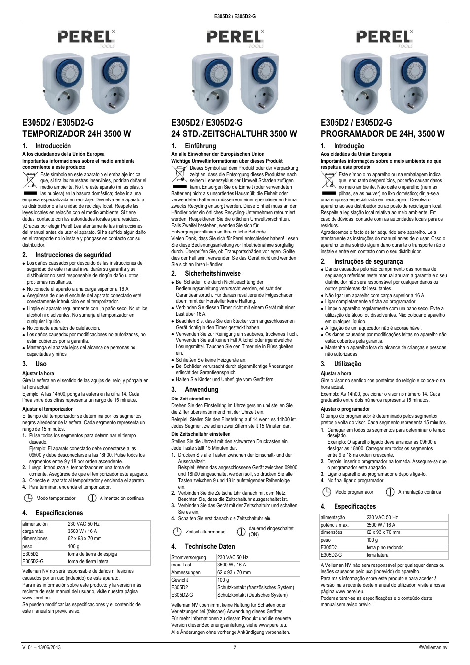 Temporizador 24h 3500 w, Introducción, Instrucciones de seguridad | Ajustar la hora, Ajustar el temporizador, Especificaciones, 24 std.-zeitschaltuhr 3500 w, Einführung, Sicherheitshinweise, Anwendung | Velleman E305D2 User Manual | Page 2 / 4