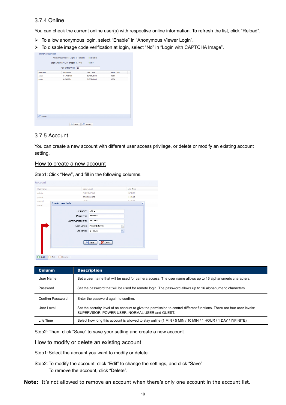 4 online, 5 account, How to create a new account | How to modify or delete an existing account | Velleman CAMIP12 Quick Installation Guide User Manual | Page 24 / 69