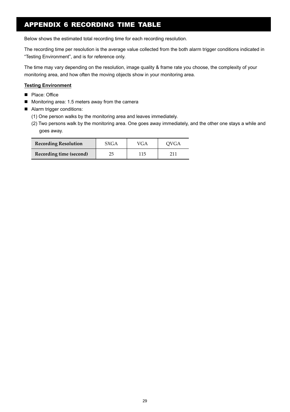 Appendix 6 recording time table | Velleman CAMIP12 Quick Installation Guide User Manual | Page 34 / 69