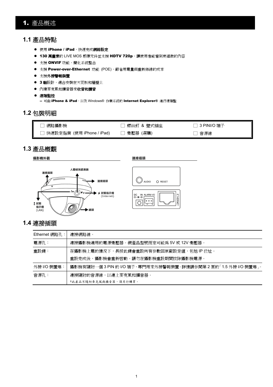 產品概述 1.1 產品特點, 2 包裝明細, 3 產品概觀 | 4 連接插頭 | Velleman CAMIP12 Quick Installation Guide User Manual | Page 39 / 69