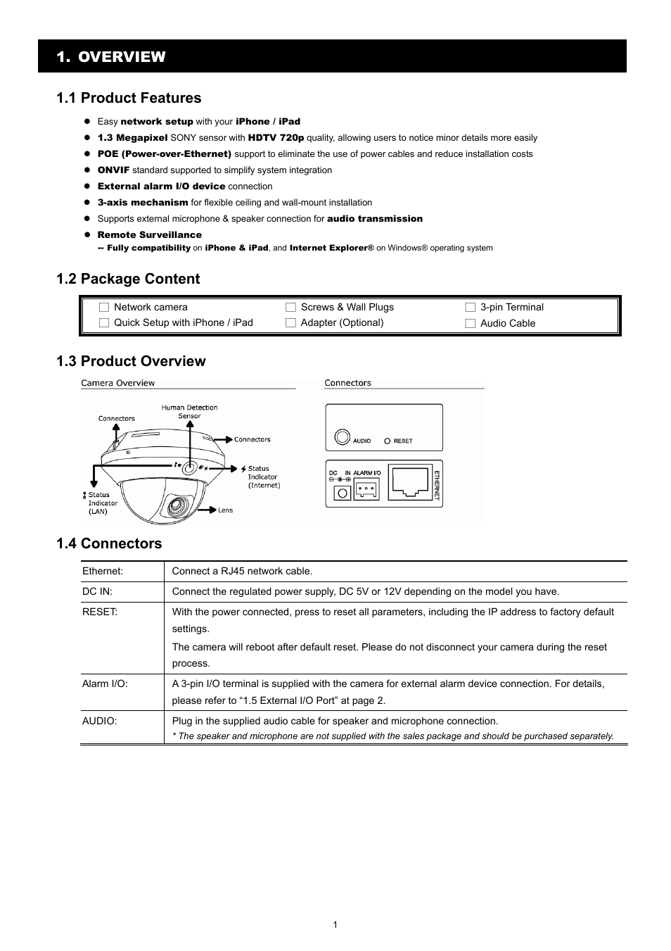 Overview 1.1 product features, 2 package content, 3 product overview | 4 connectors | Velleman CAMIP12 Quick Installation Guide User Manual | Page 6 / 69