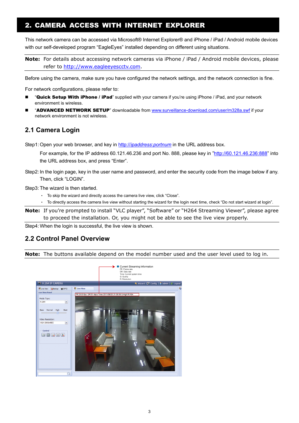 Camera access with internet explorer, 1 camera login, 2 control panel overview | Velleman CAMIP12 Quick Installation Guide User Manual | Page 8 / 69