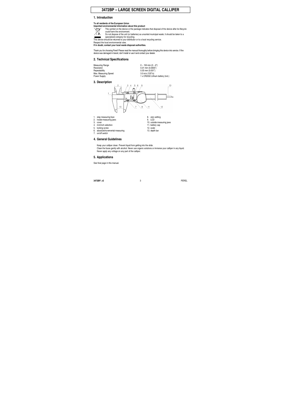 3472bp – large screen digital calliper | Velleman 3472BP User Manual | Page 3 / 11