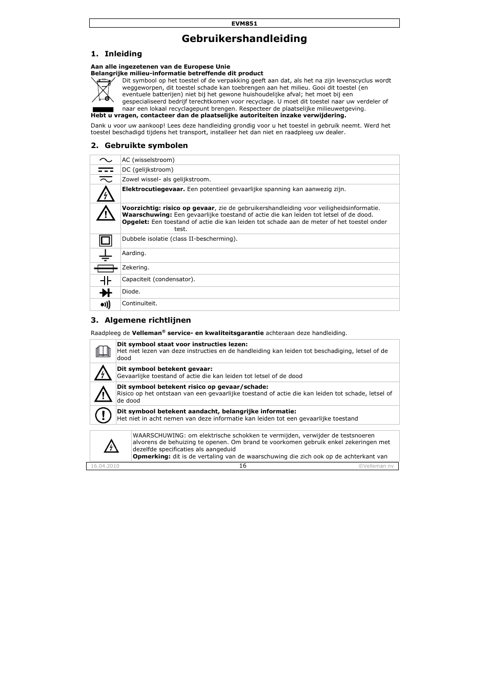 Gebr, Ruikersh, Andleidi | Velleman EVM851 User Manual | Page 16 / 44