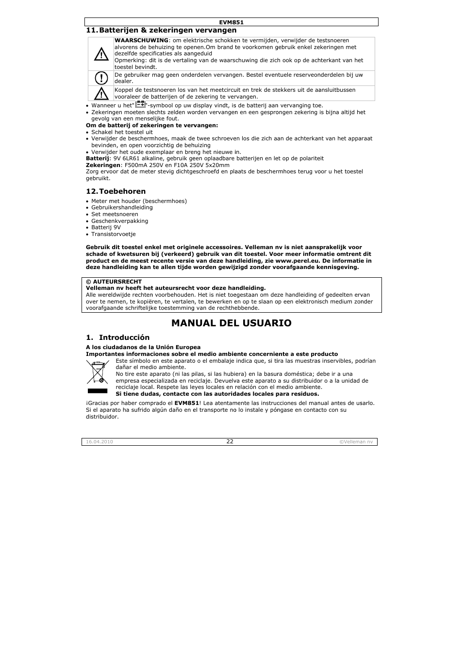 Nual del, L usuar | Velleman EVM851 User Manual | Page 22 / 44