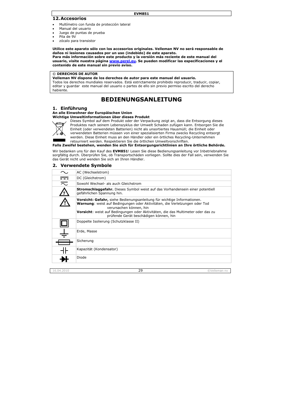 Bedie, Enungs, Anleitu | Velleman EVM851 User Manual | Page 29 / 44