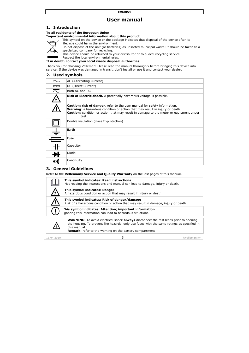 User m, Anual | Velleman EVM851 User Manual | Page 3 / 44