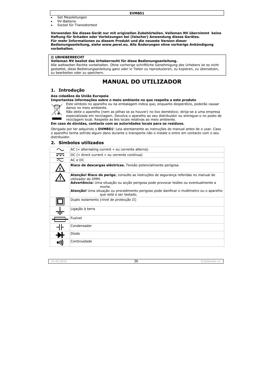 Nual do, O utiliza, Ador | Velleman EVM851 User Manual | Page 36 / 44