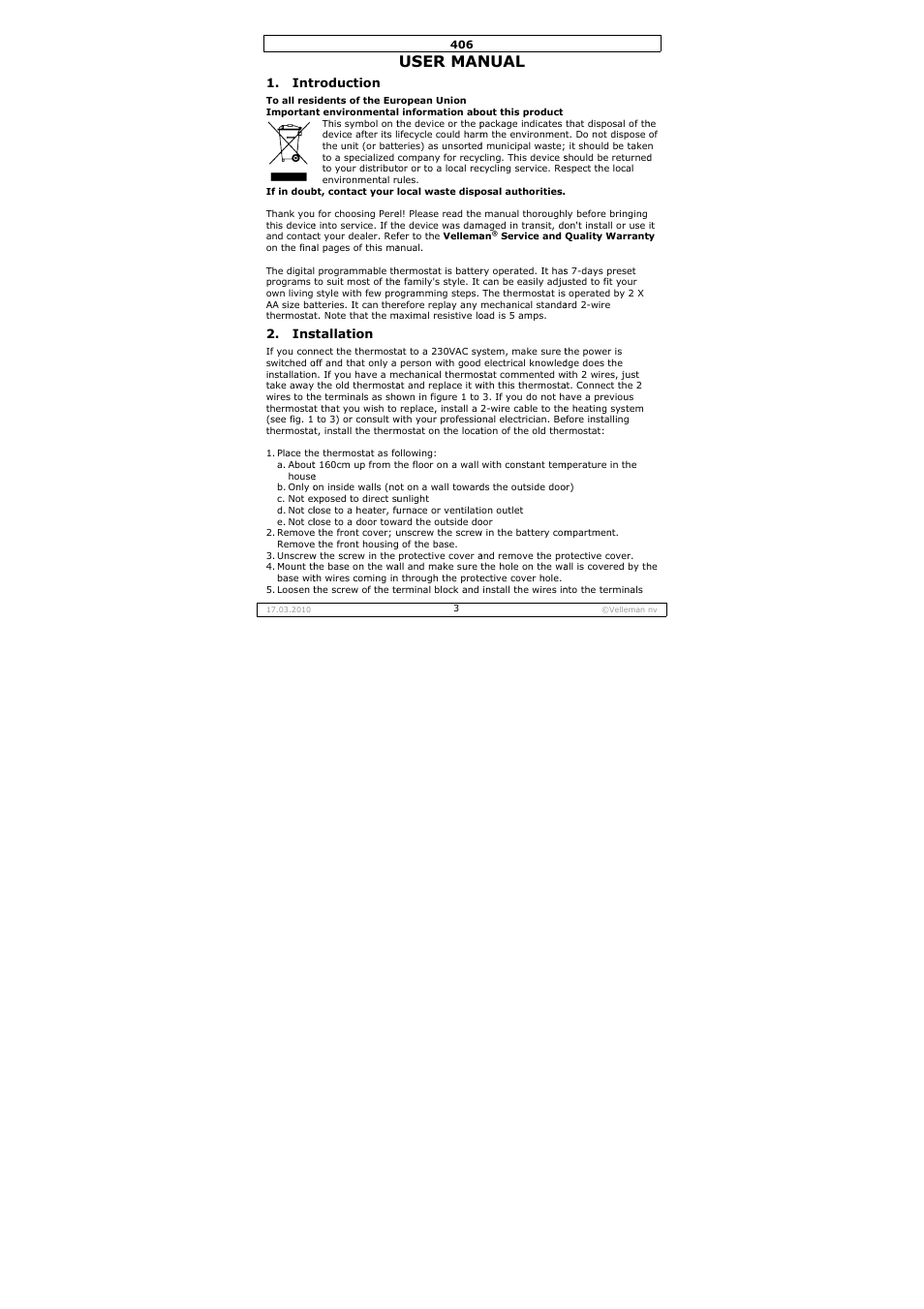 User man, Nual | Velleman 406 User Manual | Page 3 / 32