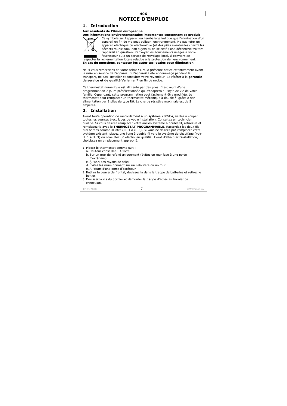 Otice d’e, Emploi | Velleman 406 User Manual | Page 7 / 32