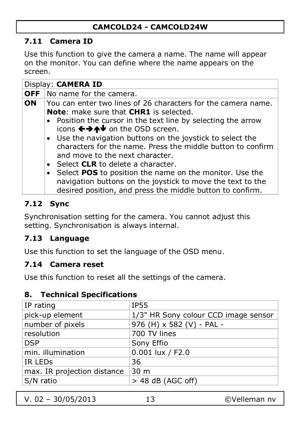 11 camera id, 12 sync, 13 language | 14 camera reset, Technical specifications | Velleman CAMCOLD24 User Manual | Page 13 / 71