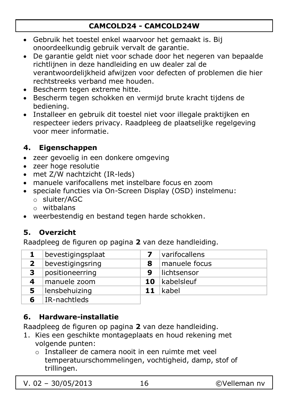 Eigenschappen, Overzicht, Hardware-installatie | Velleman CAMCOLD24 User Manual | Page 16 / 71