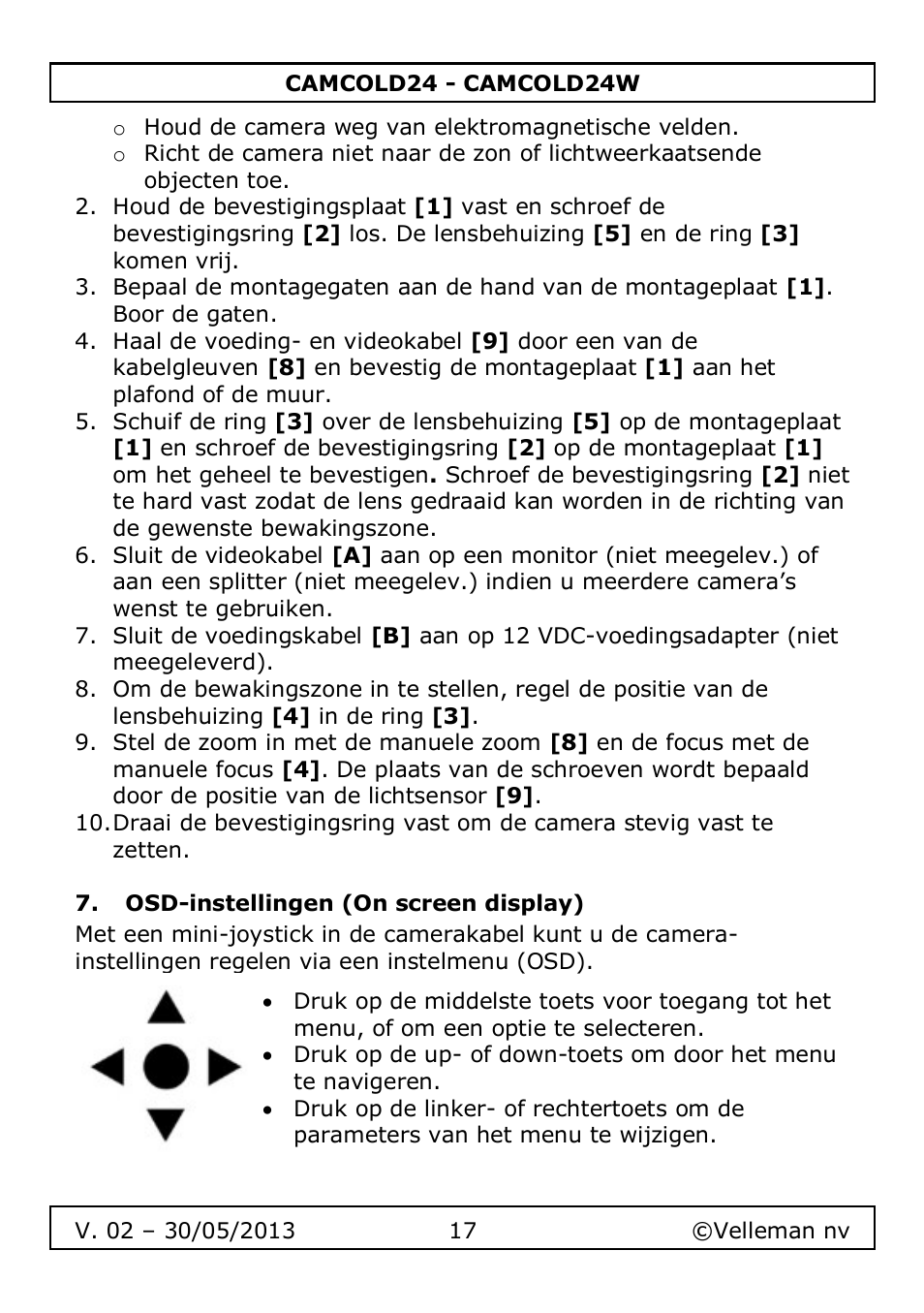 Osd-instellingen (on screen display) | Velleman CAMCOLD24 User Manual | Page 17 / 71