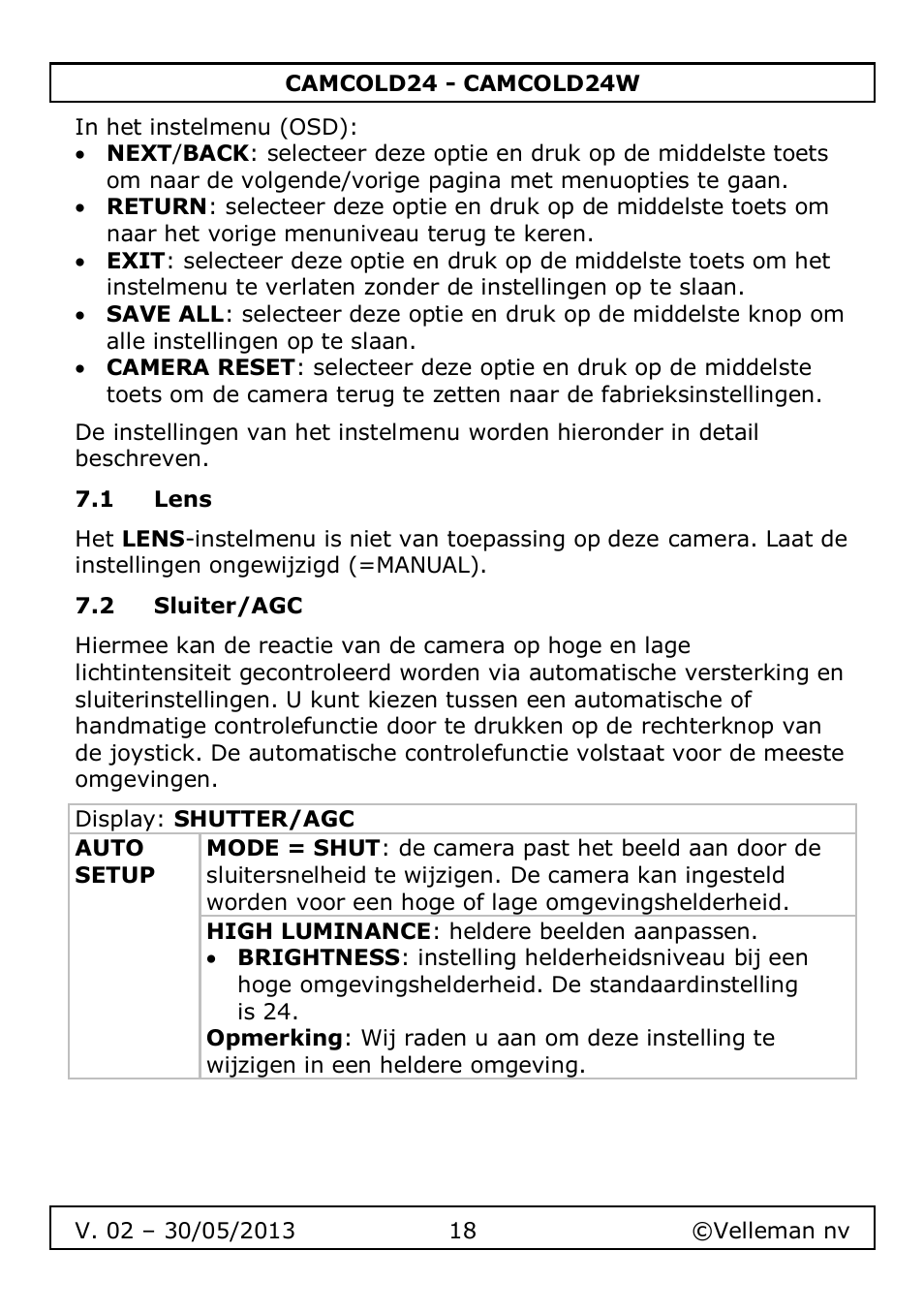 1 lens, 2 sluiter/agc | Velleman CAMCOLD24 User Manual | Page 18 / 71