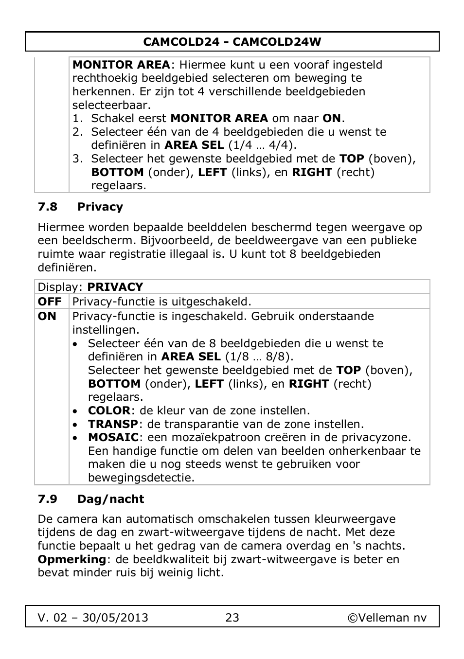 8 privacy, 9 dag/nacht | Velleman CAMCOLD24 User Manual | Page 23 / 71