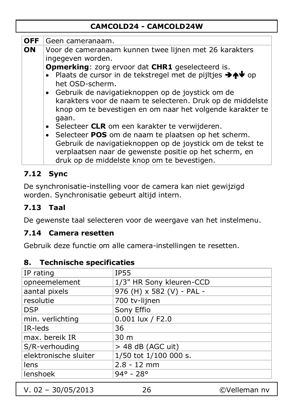 12 sync, 13 taal, 14 camera resetten | Technische specificaties | Velleman CAMCOLD24 User Manual | Page 26 / 71