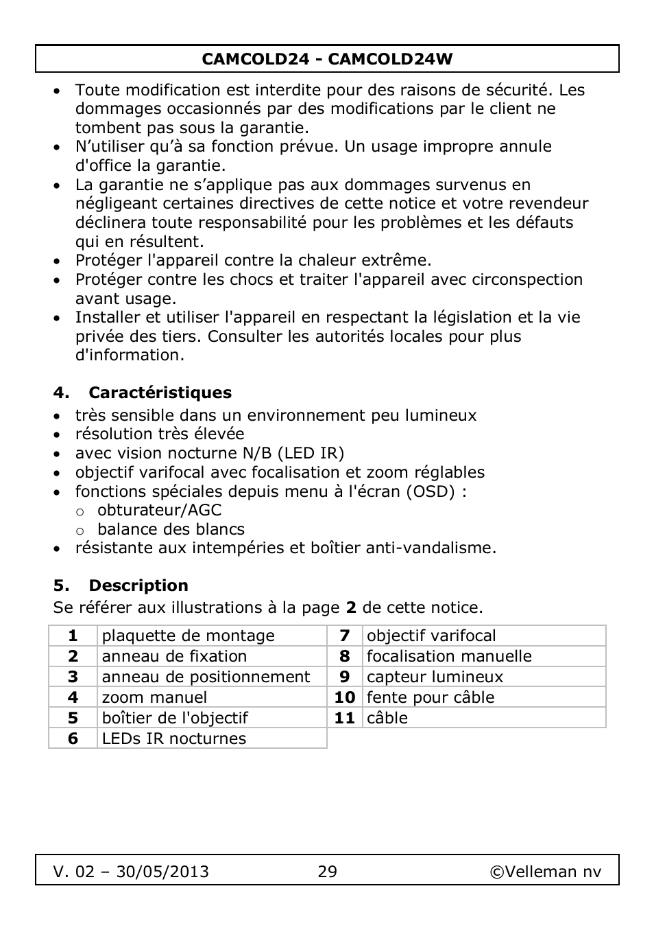 Caractéristiques, Description | Velleman CAMCOLD24 User Manual | Page 29 / 71