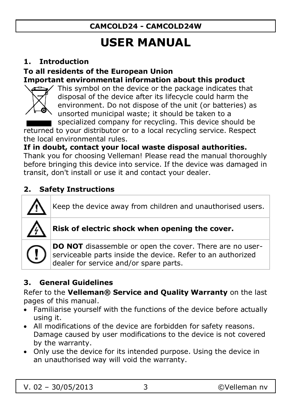 User manual, Introduction, Safety instructions | General guidelines | Velleman CAMCOLD24 User Manual | Page 3 / 71