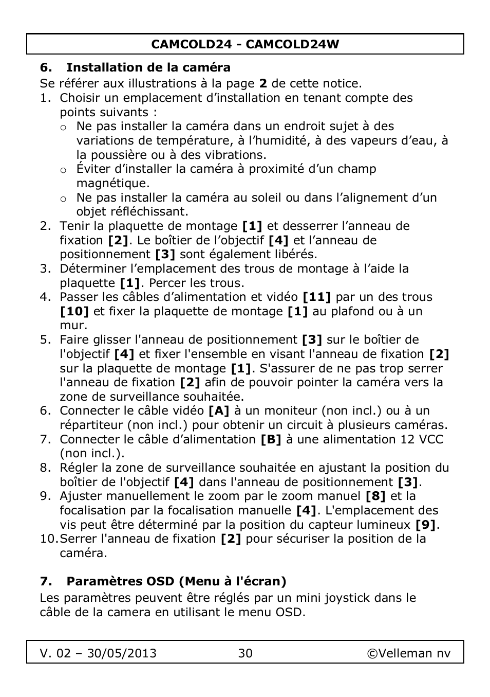 Installation de la caméra, Paramètres osd (menu à l'écran) | Velleman CAMCOLD24 User Manual | Page 30 / 71