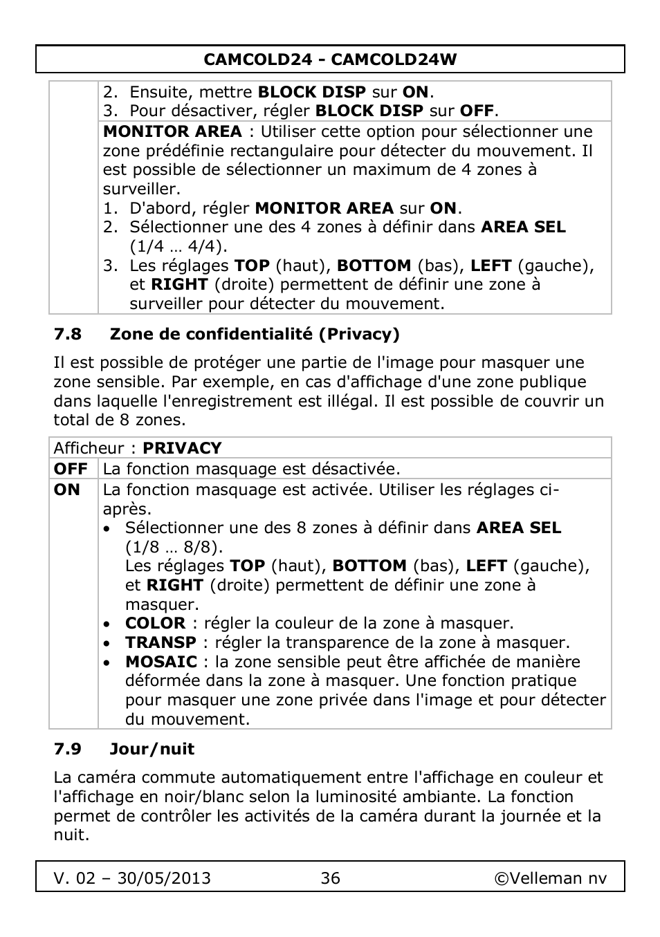 8 zone de confidentialité (privacy), 9 jour/nuit | Velleman CAMCOLD24 User Manual | Page 36 / 71