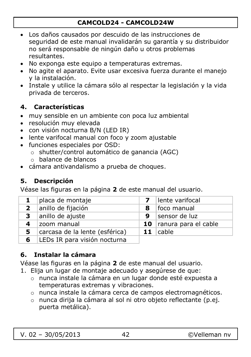 Características, Descripción, Instalar la cámara | Velleman CAMCOLD24 User Manual | Page 42 / 71