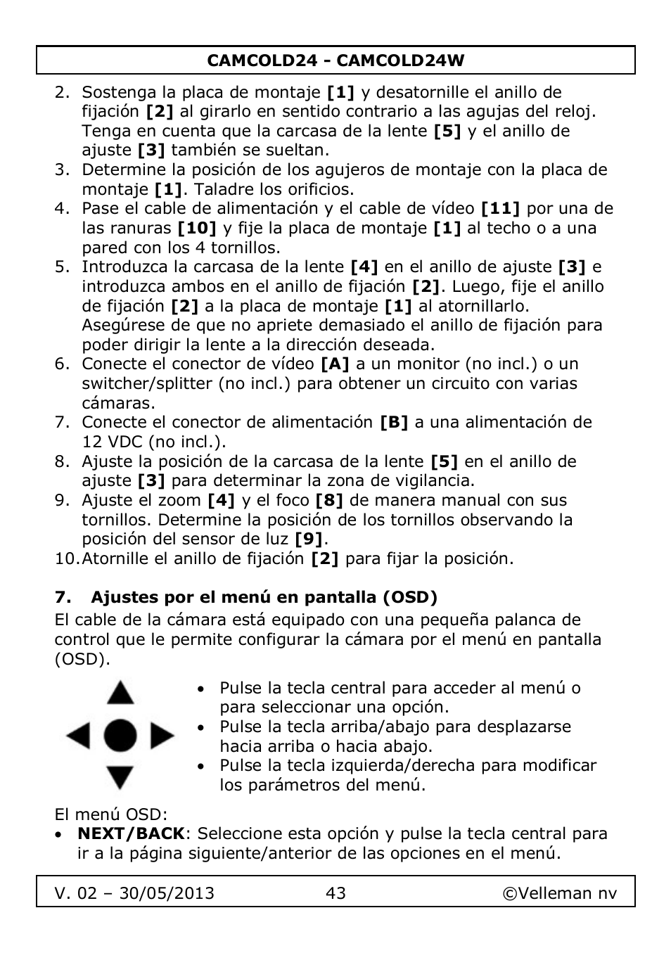 Ajustes por el menú en pantalla (osd) | Velleman CAMCOLD24 User Manual | Page 43 / 71