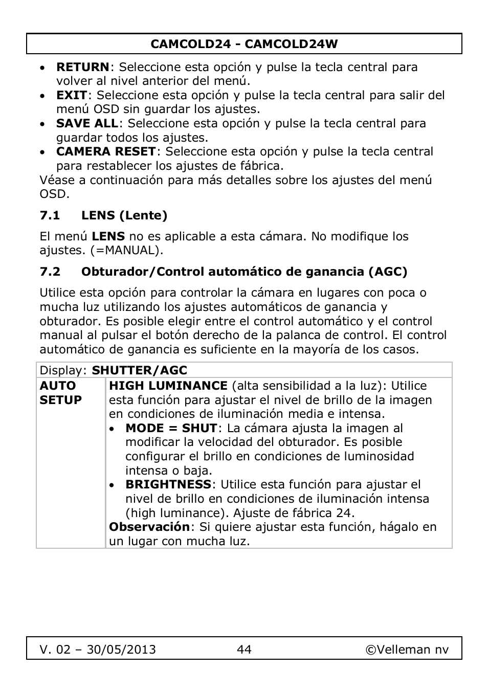 1 lens (lente), 2 obturador/control automático de ganancia (agc) | Velleman CAMCOLD24 User Manual | Page 44 / 71