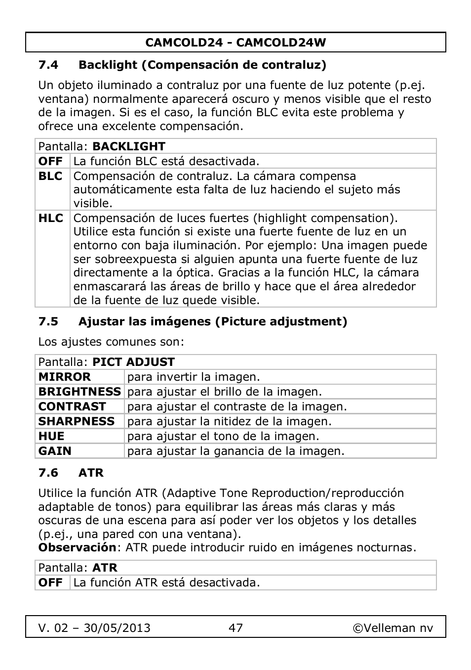 4 backlight (compensación de contraluz), 5 ajustar las imágenes (picture adjustment), 6 atr | Velleman CAMCOLD24 User Manual | Page 47 / 71