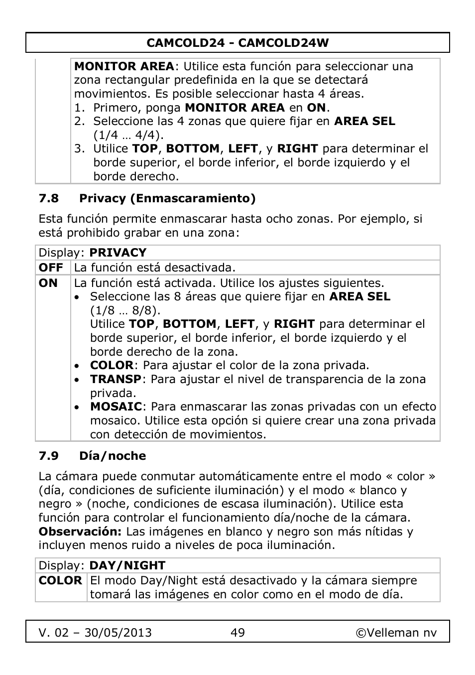 8 privacy (enmascaramiento), 9 día/noche | Velleman CAMCOLD24 User Manual | Page 49 / 71