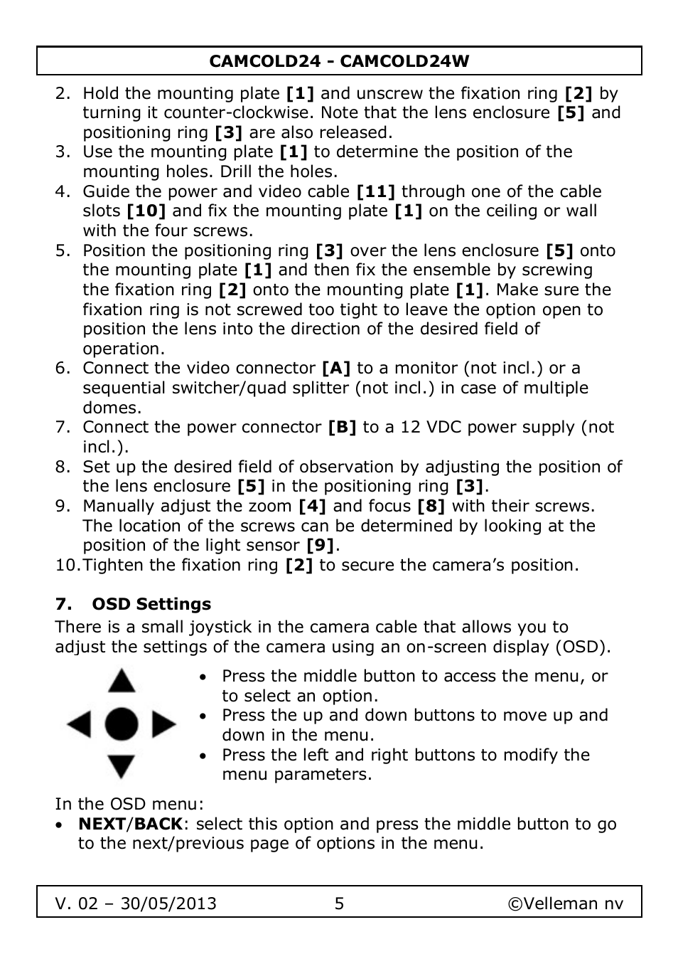 Osd settings | Velleman CAMCOLD24 User Manual | Page 5 / 71