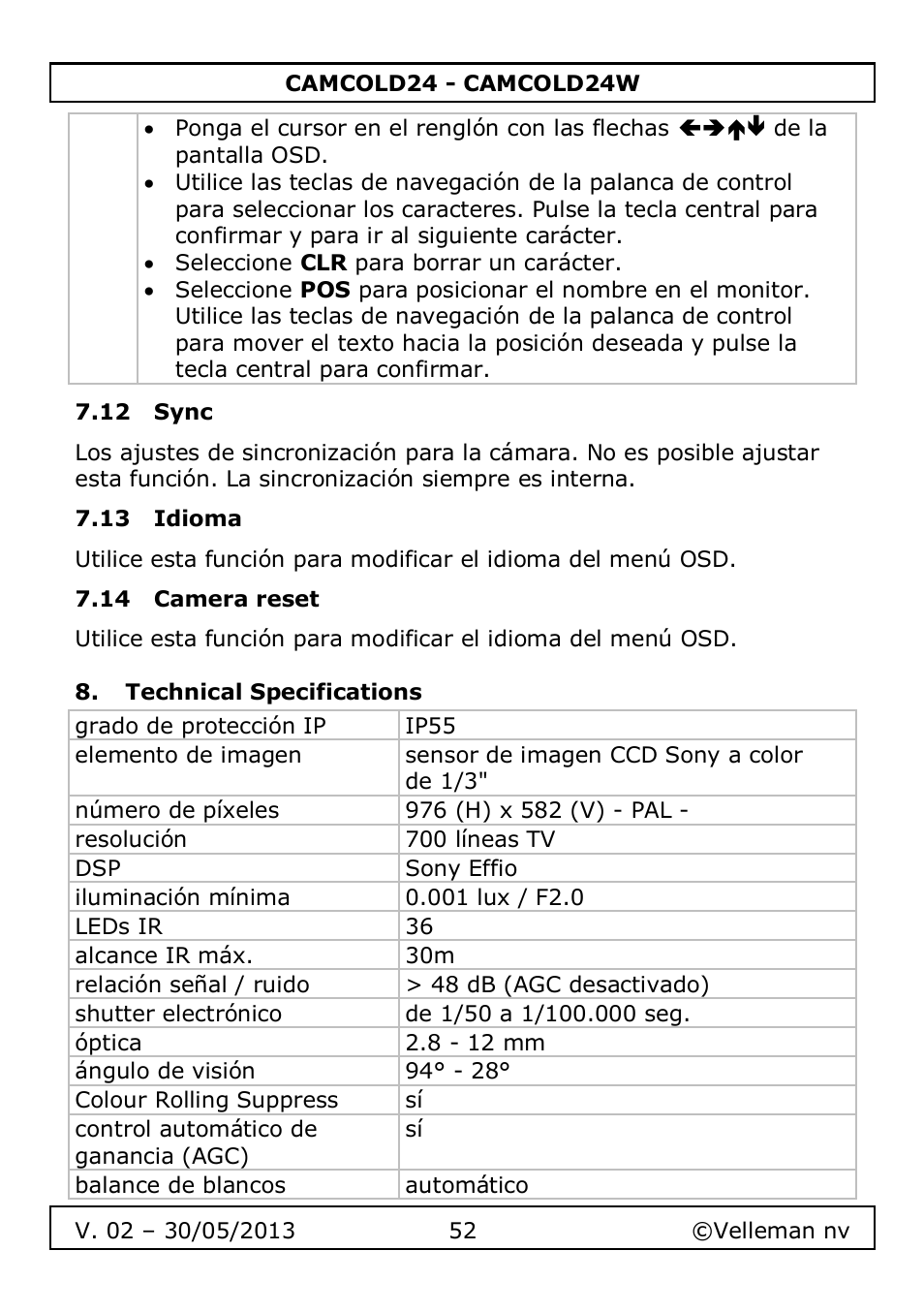 12 sync, 13 idioma, 14 camera reset | Technical specifications | Velleman CAMCOLD24 User Manual | Page 52 / 71