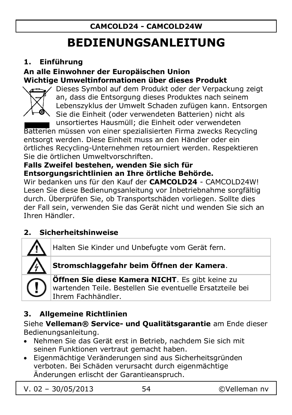 Bedienungsanleitung, Einführung, Sicherheitshinweise | Allgemeine richtlinien | Velleman CAMCOLD24 User Manual | Page 54 / 71